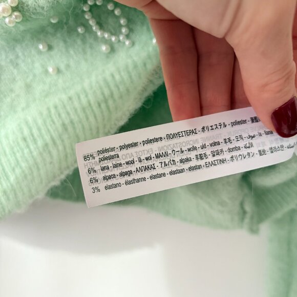 Zara Pearl Embellished Button Front Long Sleeve Cardigan Sweater Green Medium - Picture 6 of 7